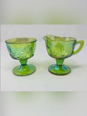 Iridescent Green Carnival Glass Creamer and Sugar Set